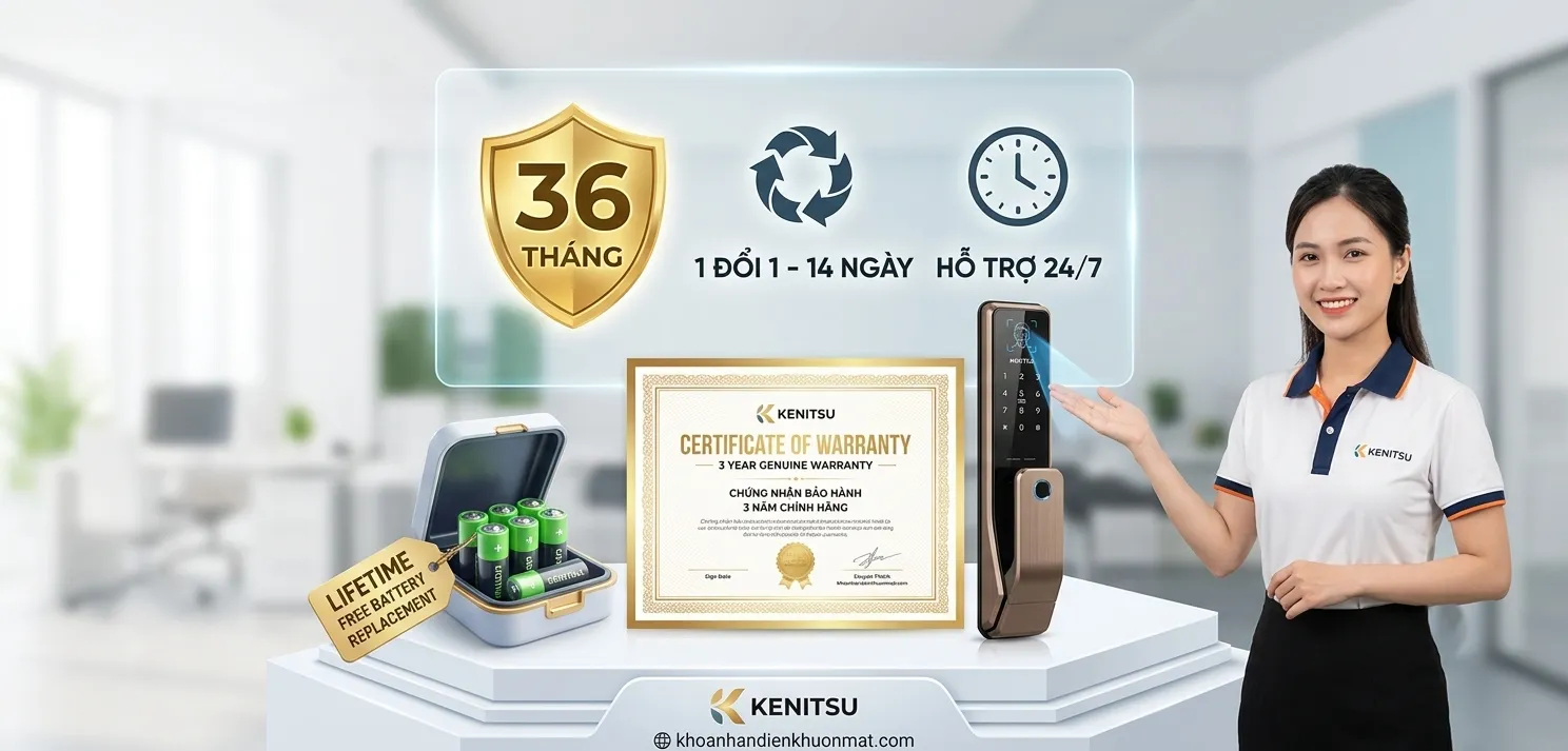 Chính sách bảo hành vàng 3 năm khóa thông minh Kenitsu, thay pin trọn đời, 1 đổi 1 14 ngày