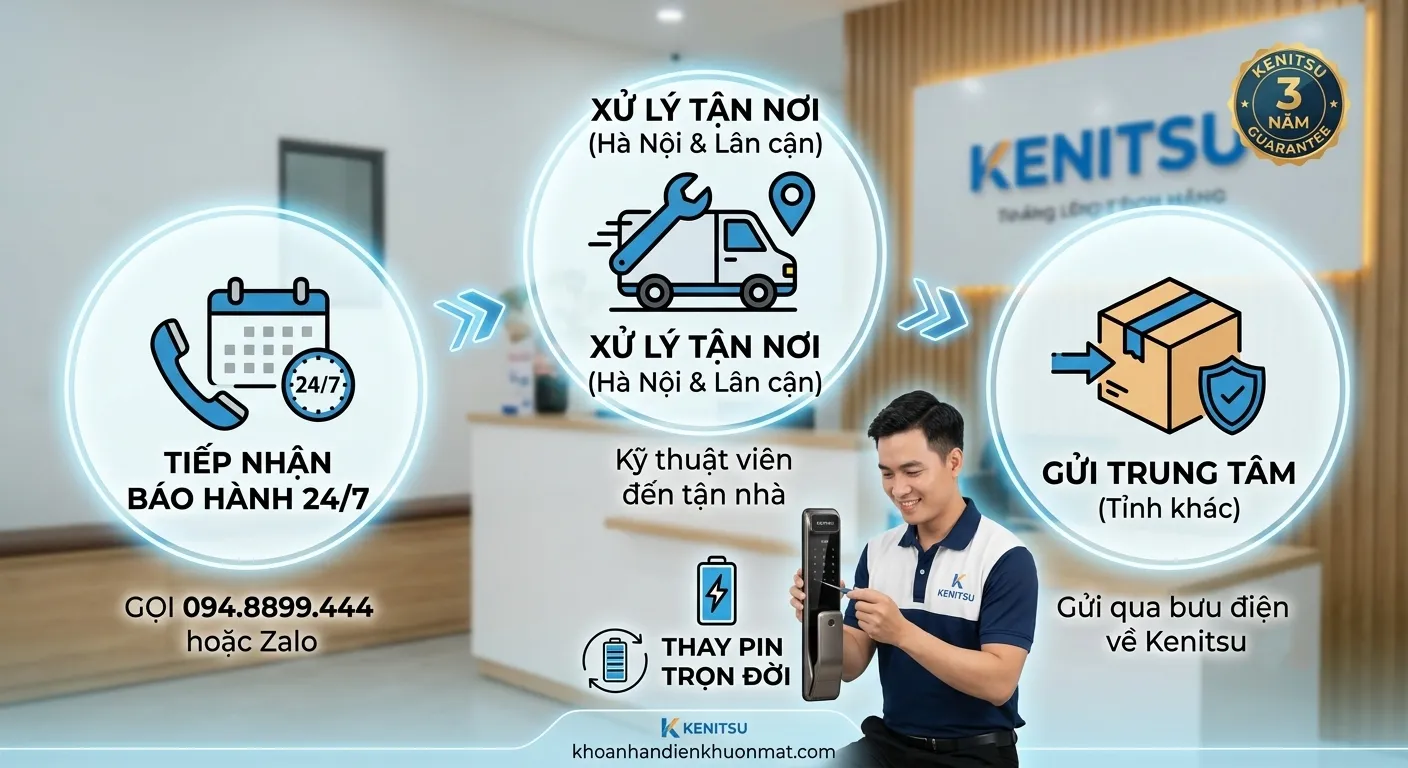Quy trình tiếp nhận bảo hành khóa Kenitsu hỗ trợ tận nơi 24/7